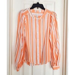A New Day Blouse Orange Striped Puff Sleeve Button Up Casual Career Medium